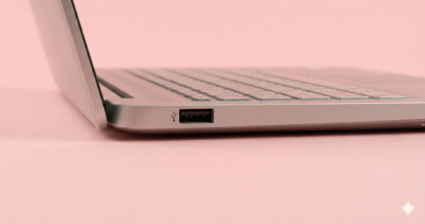 Professional studio photograph close-up of the side profile of a silver laptop, showing a USB port, set against a solid light pink background for Atlantis USB port repair services