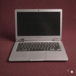 A close-up of a precision-engineered steel hinge being reinforced and mounted into a Lenovo laptop chassis, shown on a solid light pink background for Atlantis repair services.