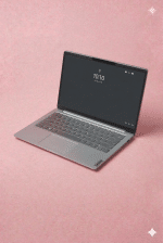 A professional Lenovo ThinkPad being serviced at the Atlantis workshop in Canterbury, displayed on a solid light pink background for UK-wide mail-in repair services.