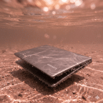 A professional technician using a digital microscope and precision tools to treat corrosion on a Lenovo motherboard after a liquid spill, shown on a solid light pink background for Atlantis repair services.