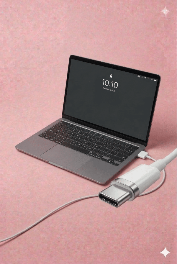 A professional technician replacing a MacBook Air MagSafe 3 charging port and secondary USB-C I/O board, displayed on a solid light pink background for Atlantis UK-wide repair services.