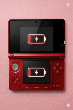 A premium high-capacity replacement lithium-ion battery for a Nintendo 3DS XL, shown on a solid light pink background for Atlantis UK-wide console repair services.