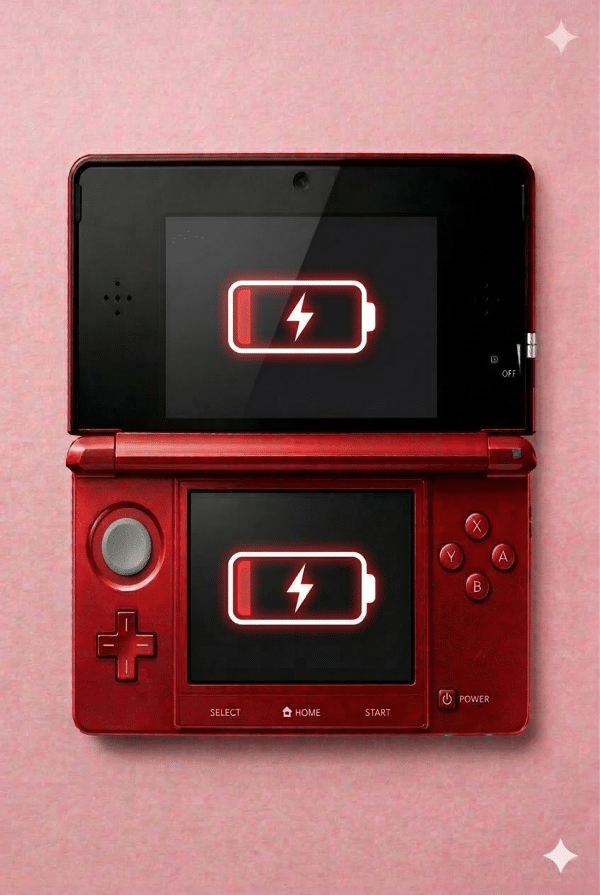 A premium high-capacity replacement lithium-ion battery for a Nintendo 3DS XL, shown on a solid light pink background for Atlantis UK-wide console repair services.