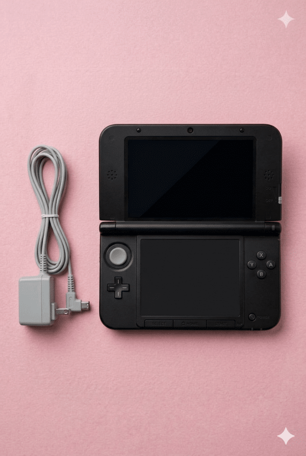 A premium replacement DC power jack and charging port for a Nintendo 3DS XL, shown on a solid light pink background for Atlantis UK-wide console repair services.