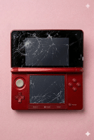 A premium replacement top LCD Retina-standard display and bottom touch screen panel for a Nintendo 3DS XL, displayed on a solid light pink background for Atlantis console repair services.