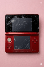 A premium replacement top LCD Retina-standard display and bottom touch screen panel for a Nintendo 3DS XL, displayed on a solid light pink background for Atlantis console repair services.