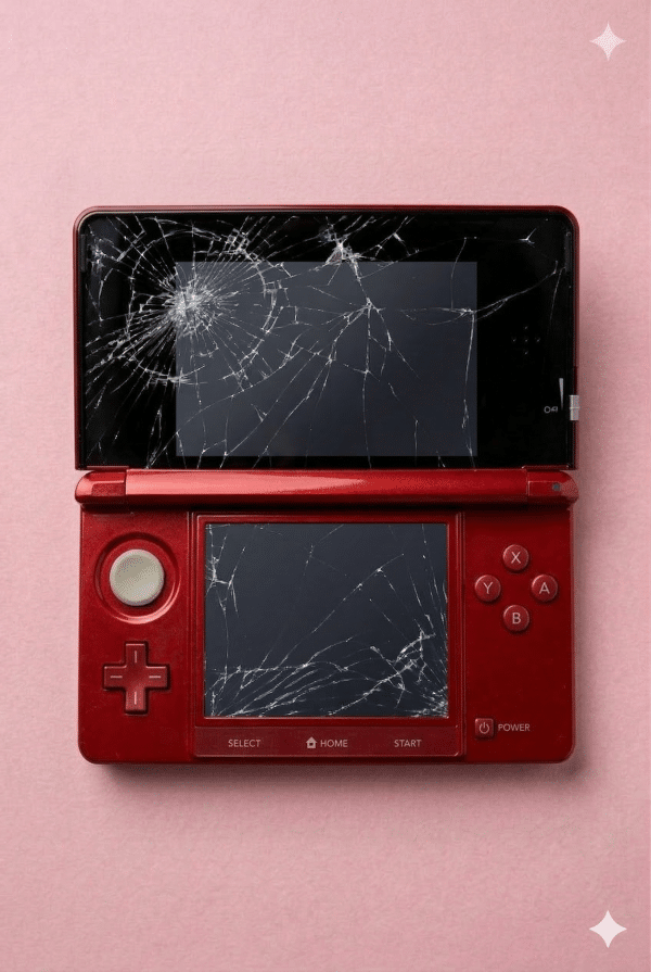 A premium replacement top LCD Retina-standard display and bottom touch screen panel for a Nintendo 3DS XL, displayed on a solid light pink background for Atlantis console repair services.