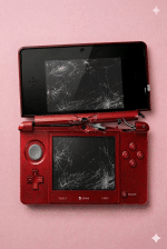 A replacement inner hinge barrel and black plastic mid-frame housing for a Nintendo 3DS XL, shown on a solid light pink background for Atlantis console repair services.