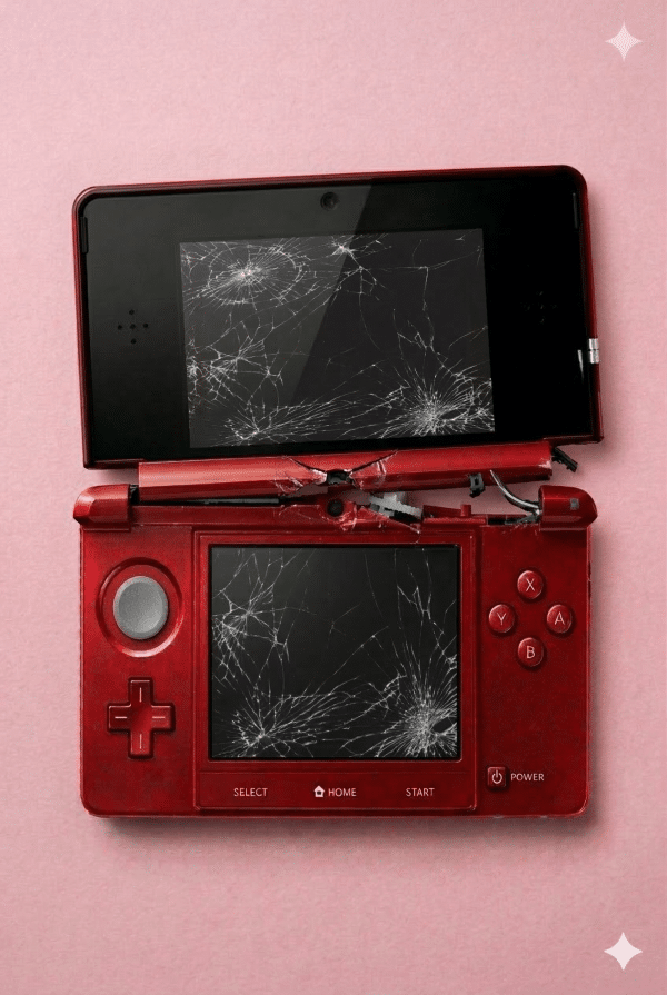 A replacement inner hinge barrel and black plastic mid-frame housing for a Nintendo 3DS XL, shown on a solid light pink background for Atlantis console repair services.