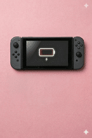 A premium high-capacity 4310mAh replacement lithium-ion battery for a Nintendo Switch, displayed on a solid light pink background for Atlantis UK-wide console repair services.
