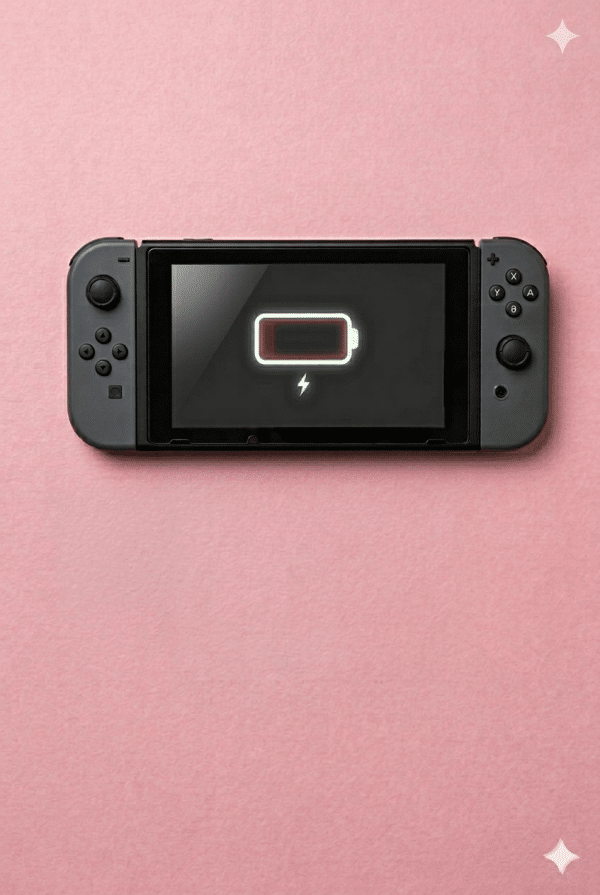 A premium high-capacity 4310mAh replacement lithium-ion battery for a Nintendo Switch, displayed on a solid light pink background for Atlantis UK-wide console repair services.