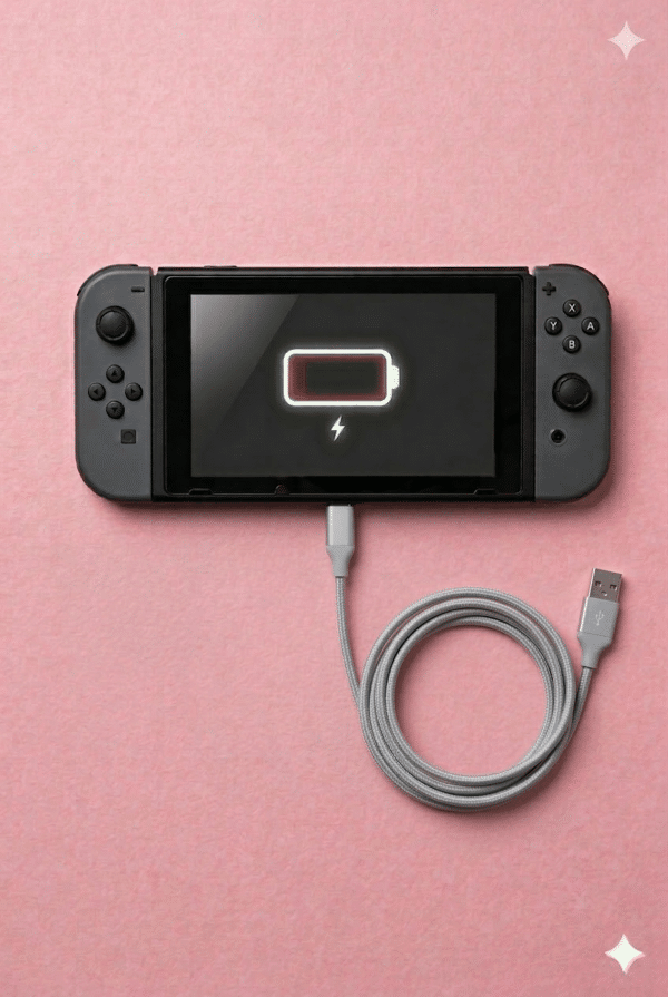 A premium replacement 12-pin USB-C charging port connector for a Nintendo Switch, displayed on a solid light pink background for Atlantis UK-wide console repair services.