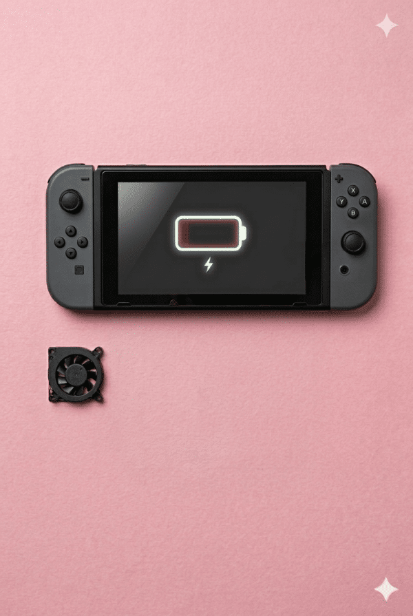 A premium high-velocity replacement internal cooling fan for a Nintendo Switch, displayed on a solid light pink background for Atlantis UK-wide console repair services.