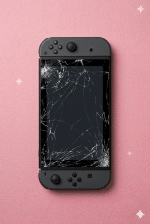 A premium replacement 6.2-inch LCD panel and touch digitiser for a Nintendo Switch, displayed on a solid light pink background for Atlantis UK-wide console repair services.
