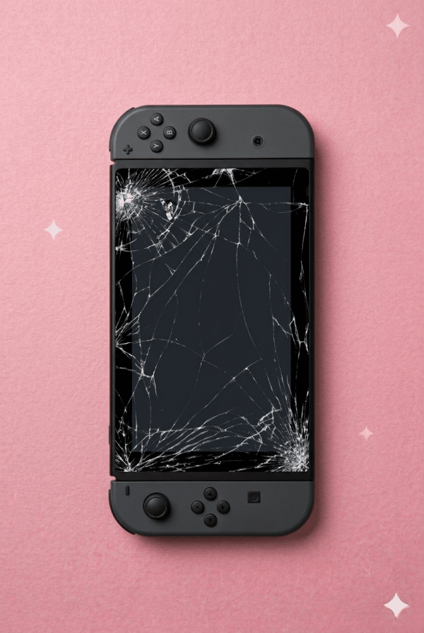A premium replacement 6.2-inch LCD panel and touch digitiser for a Nintendo Switch, displayed on a solid light pink background for Atlantis UK-wide console repair services.
