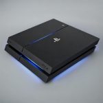 Professional 1:1 square studio photograph of a black PlayStation 4 console displaying the pulsing blue light error, set against a solid light pink background for Atlantis console repair services.