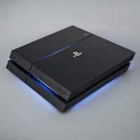 Professional 1:1 square studio photograph of a black PlayStation 4 console displaying the pulsing blue light error, set against a solid light pink background for Atlantis console repair services.