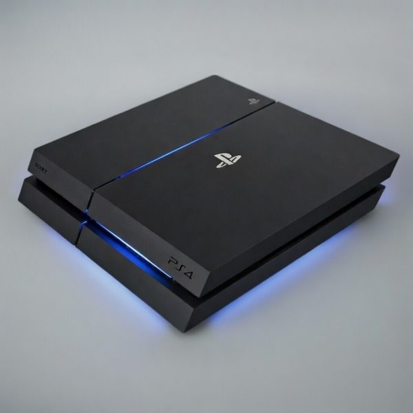 Professional 1:1 square studio photograph of a black PlayStation 4 console displaying the pulsing blue light error, set against a solid light pink background for Atlantis console repair services.