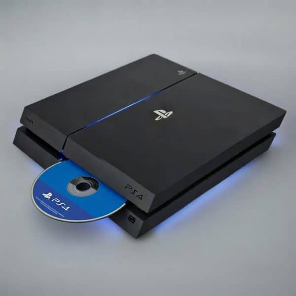 Professional 1:1 square studio photograph of a black PlayStation 4 console with a game disc half inserted into the drive, set against a solid light pink background for Atlantis console repair services.