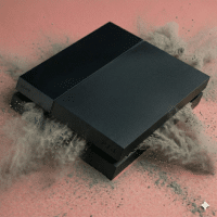 Close-up of a PlayStation 4 internal cooling fan and heat sink assembly, positioned on a solid light pink background for Atlantis repair services.