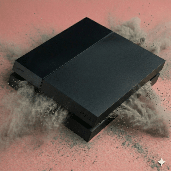 Close-up of a PlayStation 4 internal cooling fan and heat sink assembly, positioned on a solid light pink background for Atlantis repair services.