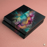 Close-up of an internal PlayStation 4 power supply unit (PSU) and power connector, positioned on a solid light pink background for Atlantis repair services.