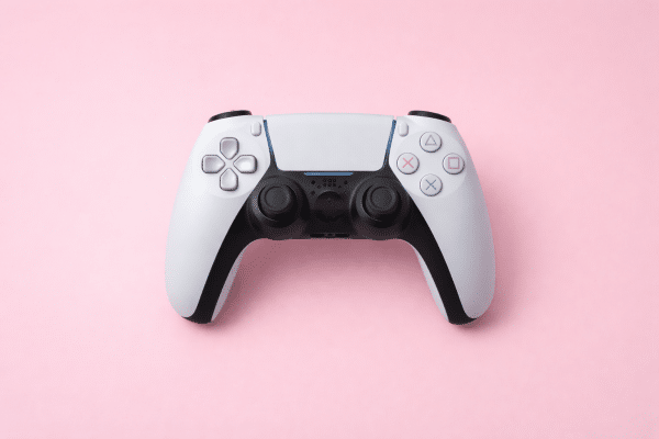 Professional 1:1 square studio photograph of a black PlayStation 4 DualShock controller and a white PlayStation 5 DualSense controller, set against a solid light pink background for Atlantis controller repair services.