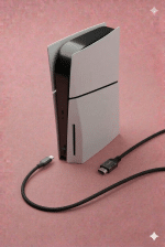 A professional micro-soldering repair of a damaged PS5 HDMI 2.1 port, displayed on a solid light pink background for Atlantis UK-wide console repair services.