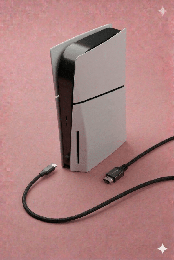 A professional micro-soldering repair of a damaged PS5 HDMI 2.1 port, displayed on a solid light pink background for Atlantis UK-wide console repair services.