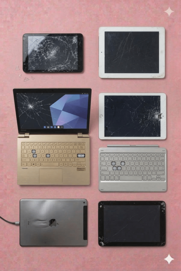 A professional technician repairing a tablet screen in our Canterbury workshop, displayed on a solid light pink background for Atlantis UK-wide mail-in services.