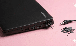 A premium replacement DC power jack with wire harness for a Toshiba Satellite laptop, displayed on a solid light pink background for Atlantis UK-wide repair services.