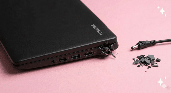 A premium replacement DC power jack with wire harness for a Toshiba Satellite laptop, displayed on a solid light pink background for Atlantis UK-wide repair services.