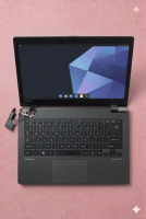 A replacement heavy-duty steel hinge and reinforced plastic lid mounting bracket for a Toshiba Satellite, displayed on a solid light pink background for Atlantis UK-wide repair services.