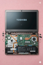 A professional technician performing micro-soldering on a Toshiba laptop motherboard using a microscope and heat station, displayed on a solid light pink background for Atlantis UK-wide repair services.