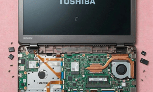 A professional technician performing micro-soldering on a Toshiba laptop motherboard using a microscope and heat station, displayed on a solid light pink background for Atlantis UK-wide repair services.