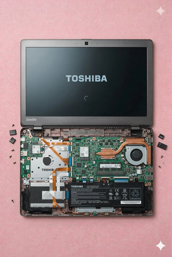 A professional technician performing micro-soldering on a Toshiba laptop motherboard using a microscope and heat station, displayed on a solid light pink background for Atlantis UK-wide repair services.