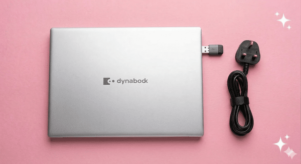 A professional micro-soldering repair of a Toshiba laptop motherboard USB-A port and HDMI socket, displayed on a solid light pink background for Atlantis repair services.