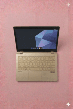 A Toshiba laptop being professionally serviced at the Atlantis workshop in Canterbury, shown on a solid light pink background for UK-wide mail-in repair services.