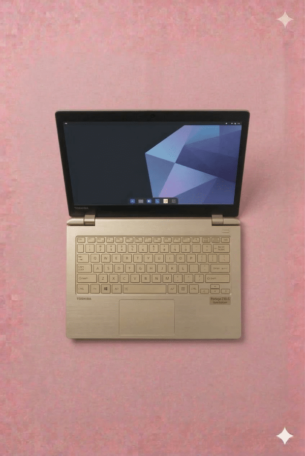 A Toshiba laptop being professionally serviced at the Atlantis workshop in Canterbury, shown on a solid light pink background for UK-wide mail-in repair services.