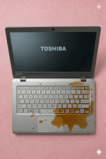 A Toshiba laptop motherboard undergoing professional ultrasonic cleaning and corrosion removal, displayed on a solid light pink background for Atlantis UK-wide repair services.
