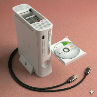 Close-up of an internal Xbox 360 optical disc drive and tray mechanism, positioned on a solid light pink background for Atlantis repair services.