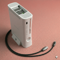 Close-up of a replacement HDMI socket and the rear video output interface of an Xbox 360 console, positioned on a solid light pink background for Atlantis repair services.