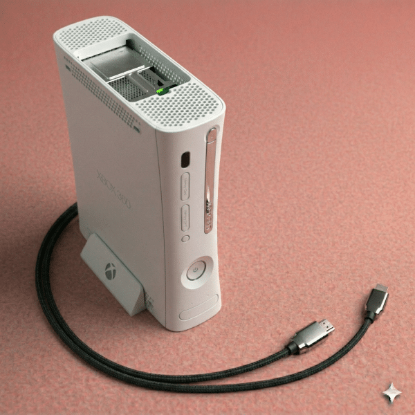 Close-up of a replacement HDMI socket and the rear video output interface of an Xbox 360 console, positioned on a solid light pink background for Atlantis repair services.