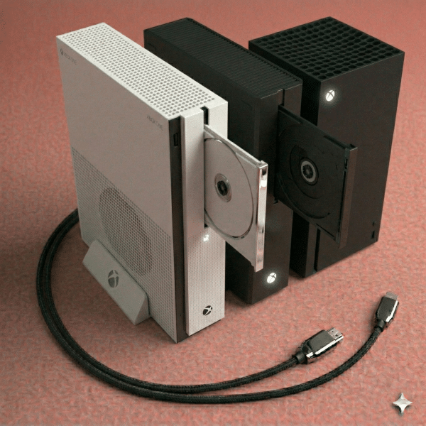 Close-up of a replacement Blu-Ray optical laser lens and disc drive assembly for the Xbox One, One S, and One X consoles, positioned on a solid light pink background for Atlantis repair services.