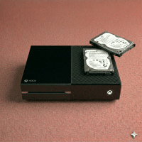 Close-up of a high-performance internal 1TB or 2TB SATA replacement hard drive for the Xbox One, One S, and One X, positioned on a solid light pink background for Atlantis repair services.