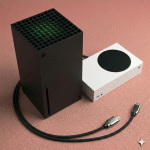 Close-up of a high-precision replacement HDMI 2.1 port for the Xbox Series X and Series S consoles, positioned on a solid light pink background for Atlantis repair services.