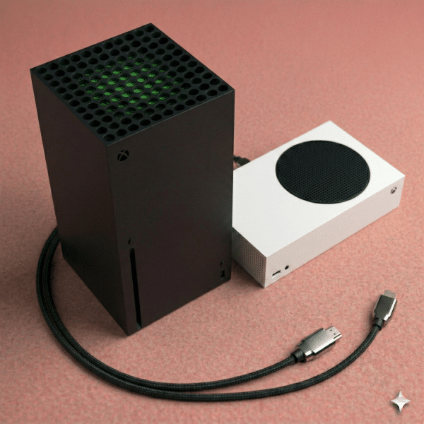 Close-up of a high-precision replacement HDMI 2.1 port for the Xbox Series X and Series S consoles, positioned on a solid light pink background for Atlantis repair services.