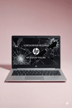 Professional studio photograph of a silver HP laptop with a severely cracked screen displaying "SCREEN REPAIR REQUIRED" and "HP DISPLAY FAILURE" text, set against a light pink background, representing UK screen repair services.