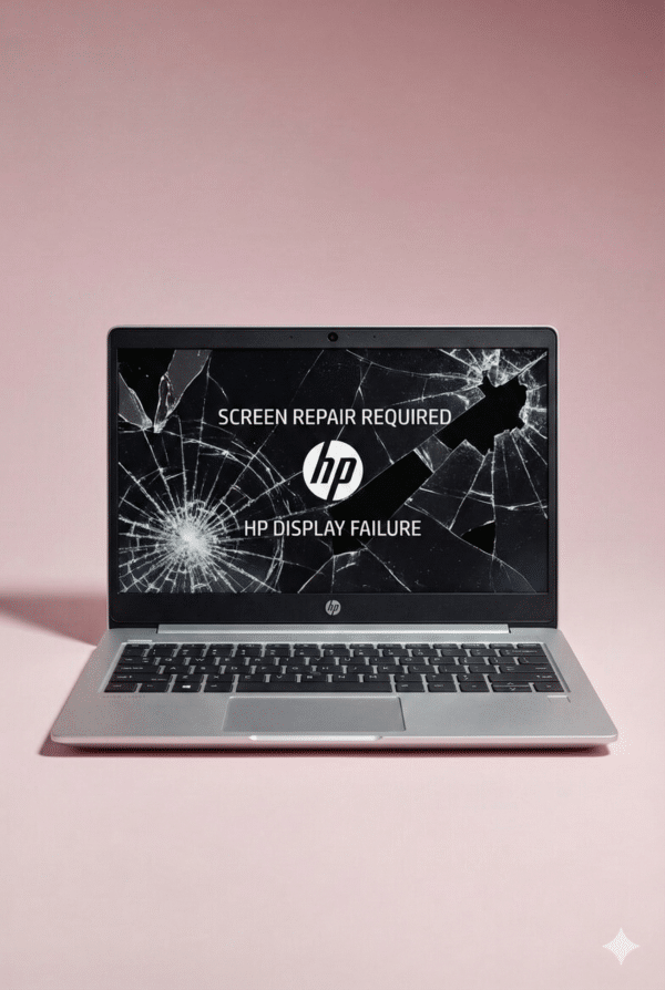 Professional studio photograph of a silver HP laptop with a severely cracked screen displaying "SCREEN REPAIR REQUIRED" and "HP DISPLAY FAILURE" text, set against a light pink background, representing UK screen repair services.