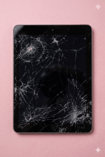 A premium replacement glass digitiser and front touch panel for a classic 1st Generation iPad (2010), shown on a solid light pink background for Atlantis vintage iPad repair services.